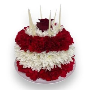 RED AND WHITE CARNATIONS CAKE BOUQUET