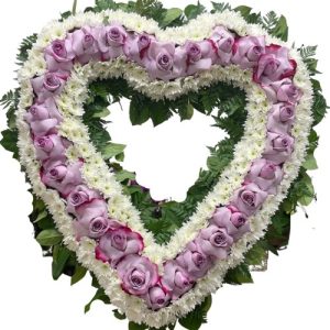 Funeral Arrangement heart with white and purple flowers
