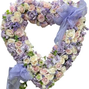 Funeral Arrangement HEART WITH ROSES WHITE, PURPLE, ROSES