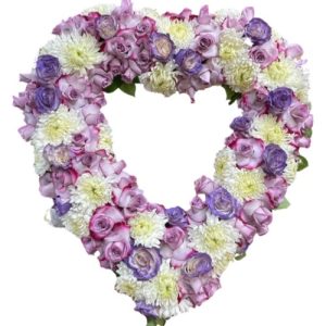 Funeral Arrangement purple, white flowers in Heart