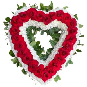 Funeral Arrangement HEART WITH RED ROSES AND WHITE FLOWERS