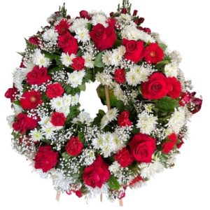 Funeral Arrangement ROUND with red and white flowers and green
