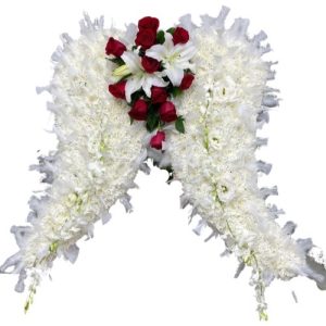 Funeral Arrangement White wings with red roses
