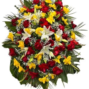 Funeral Arrangement with red, white and yellow flowers and green