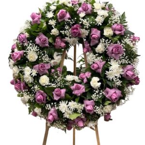 Funeral Arrangement Round with green and purple and white flowers