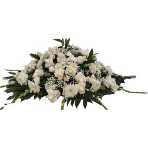Funeral Arrangement over the casket in white flowers and green