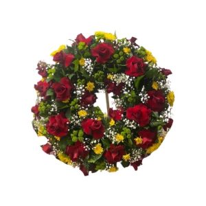 Funeral Arrangement green with red and yellow flowers