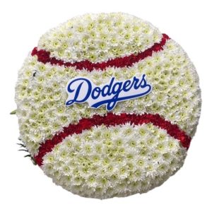 Funeral Arrangement WHITE FLOWERS BALL WITH DODGERS LOGO IN THE MIDDLE