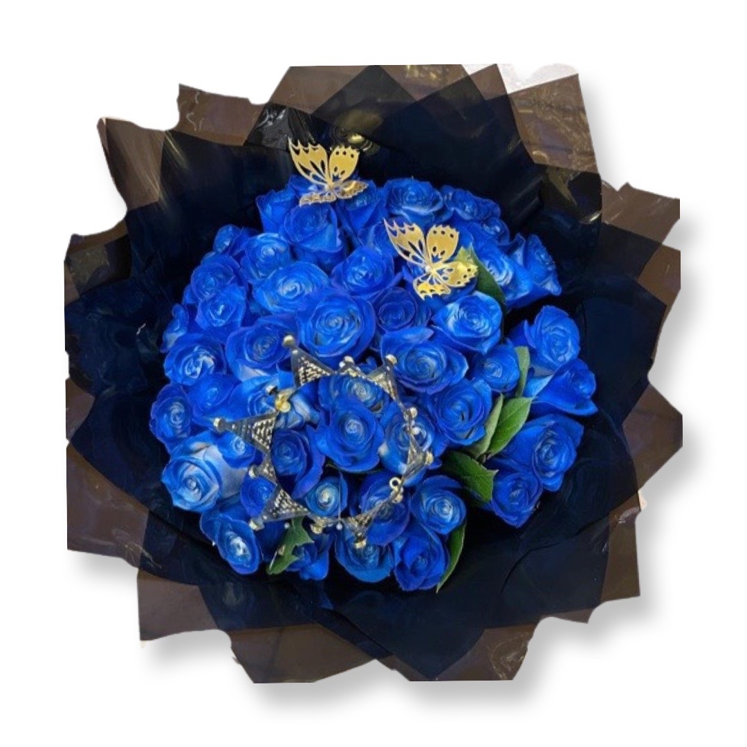 Bouquet of blue roses with butterflies and crown