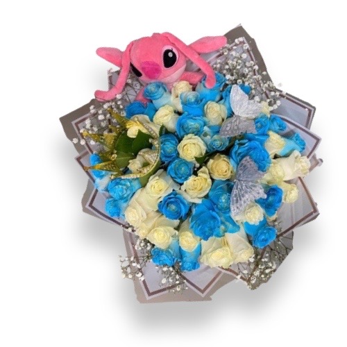 Lilo Stich toy and ligth blue and white roses