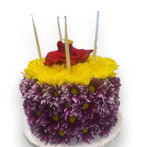 RED, YRLLOW AND PURPLE CAKE BOUQUET