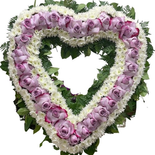 Funeral Arrangement heart with white and purple flowers
