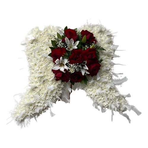 Funeral Arrangement white flowers wings with red flowers center