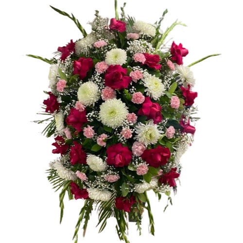 Funeral Arrangement Green with white, red and pink flowers