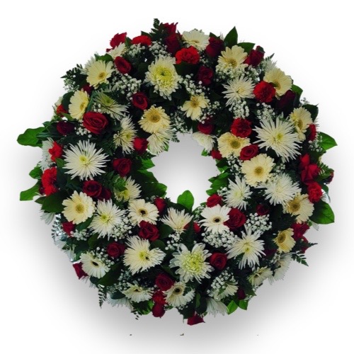 Funeral Arrangement Round with red, ligth yellow flowers and green