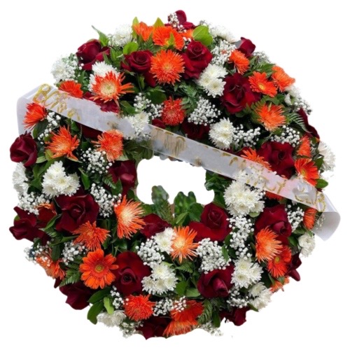 Funeral Arrangement WITH WHITE, RED AND ORANGE FLOWERS AND GREEN