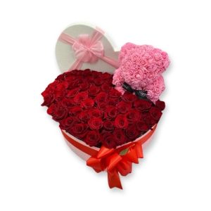 Heart basquet with red roses and teddy bear